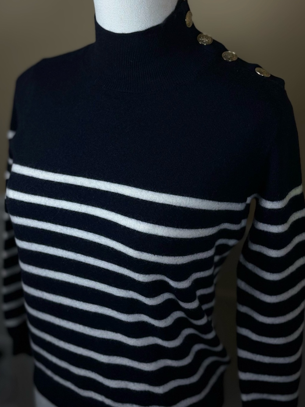 🇫🇷 Sézane Navy & Cream Striped Merino Wool Gold Button Sweater S
